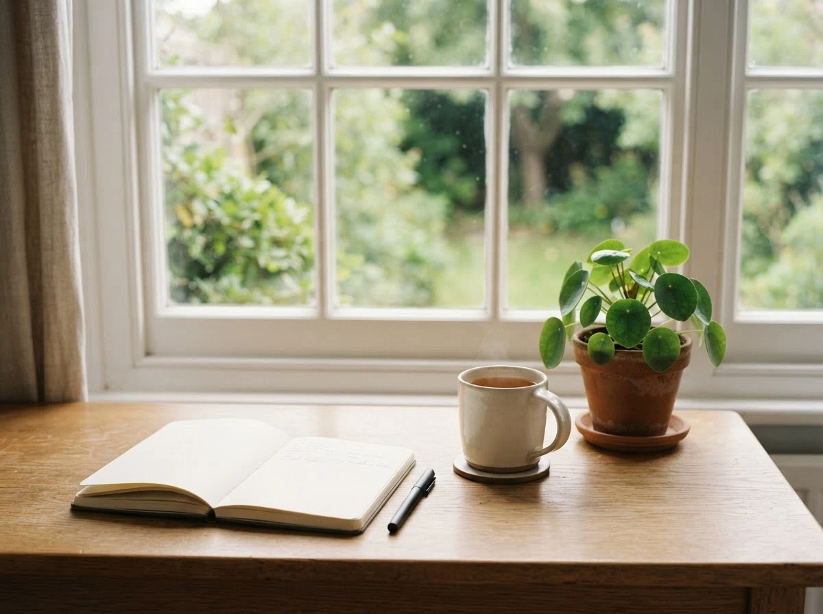 Clean workspace with wellness journal and natural light
