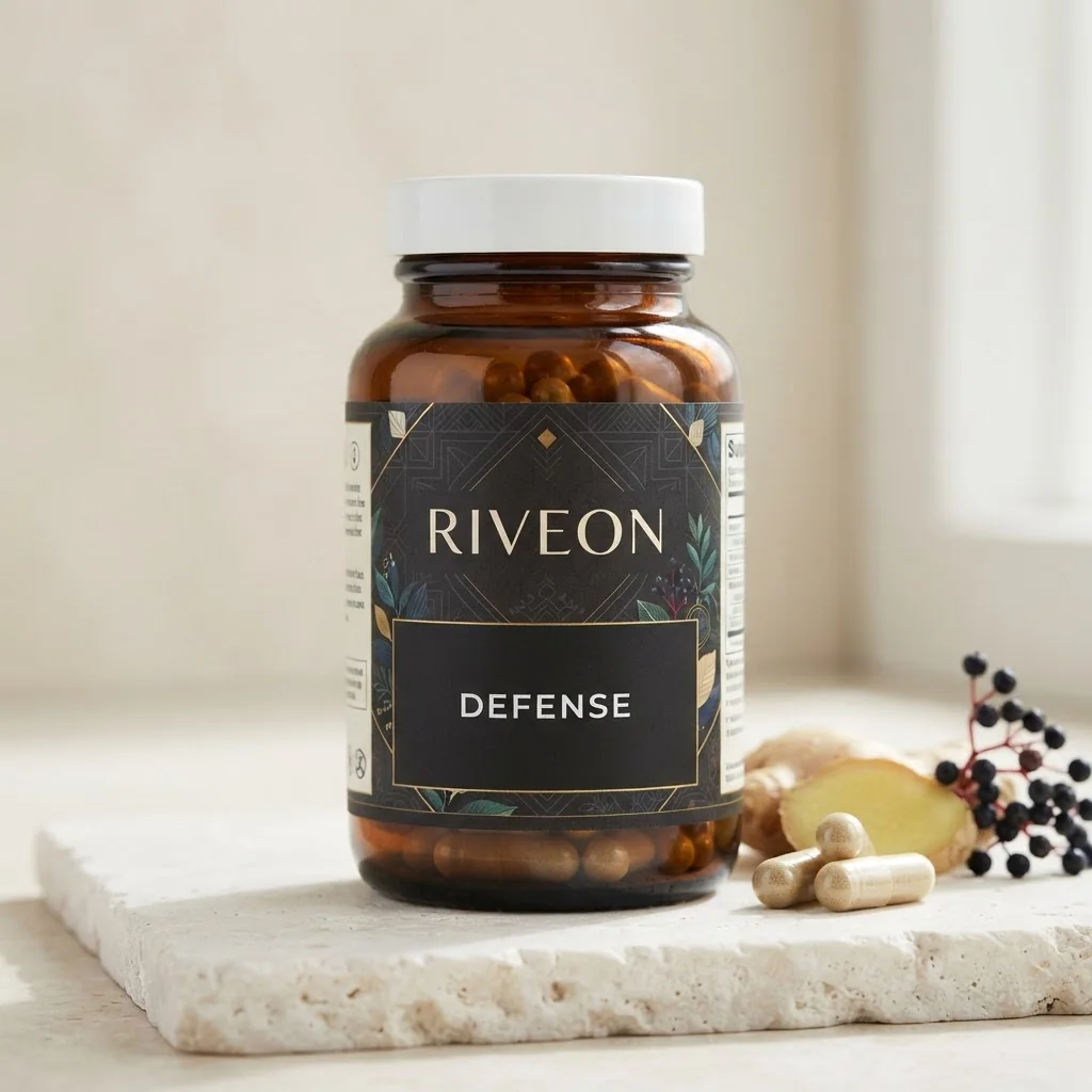 Riveon Defense amber glass bottle with 60 capsules